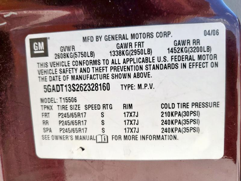 2006 Buick Rainier მანქანა იყიდება აუქციონზე, vin: 5GADT13S262328160, აუქციონის ნომერი: 64211425