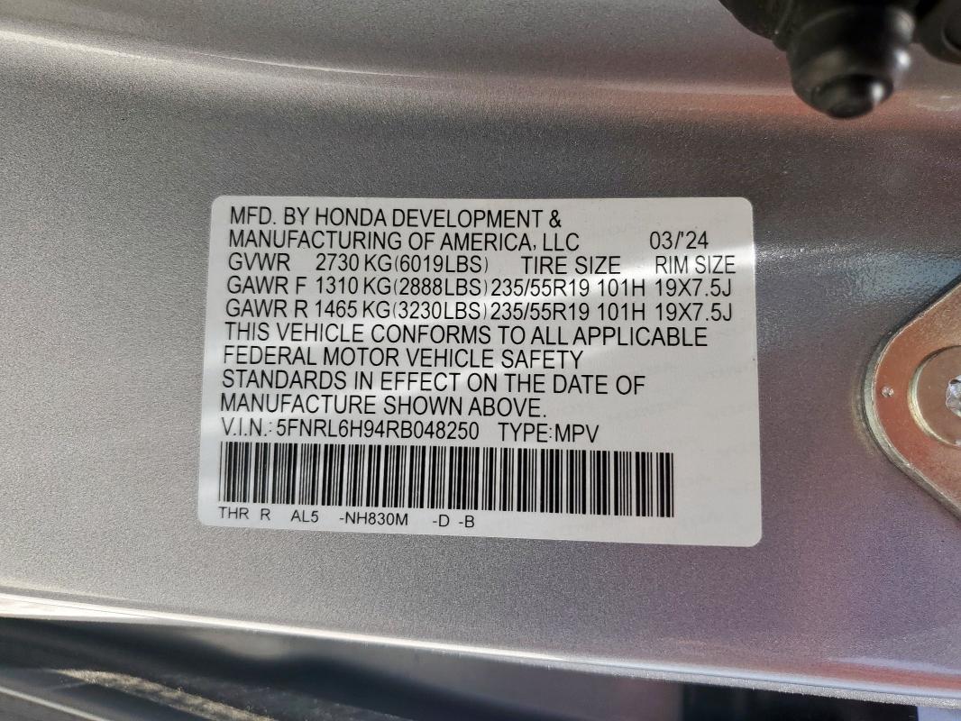 2024 Honda Odyssey Elite მანქანა იყიდება აუქციონზე, vin: 5FNRL6H94RB048250, აუქციონის ნომერი: 66769025