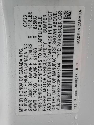 62560435 :رقم المزاد ، 2HGFE2F23PH533144 vin ، 2023 Honda Civic Lx مزاد بيع