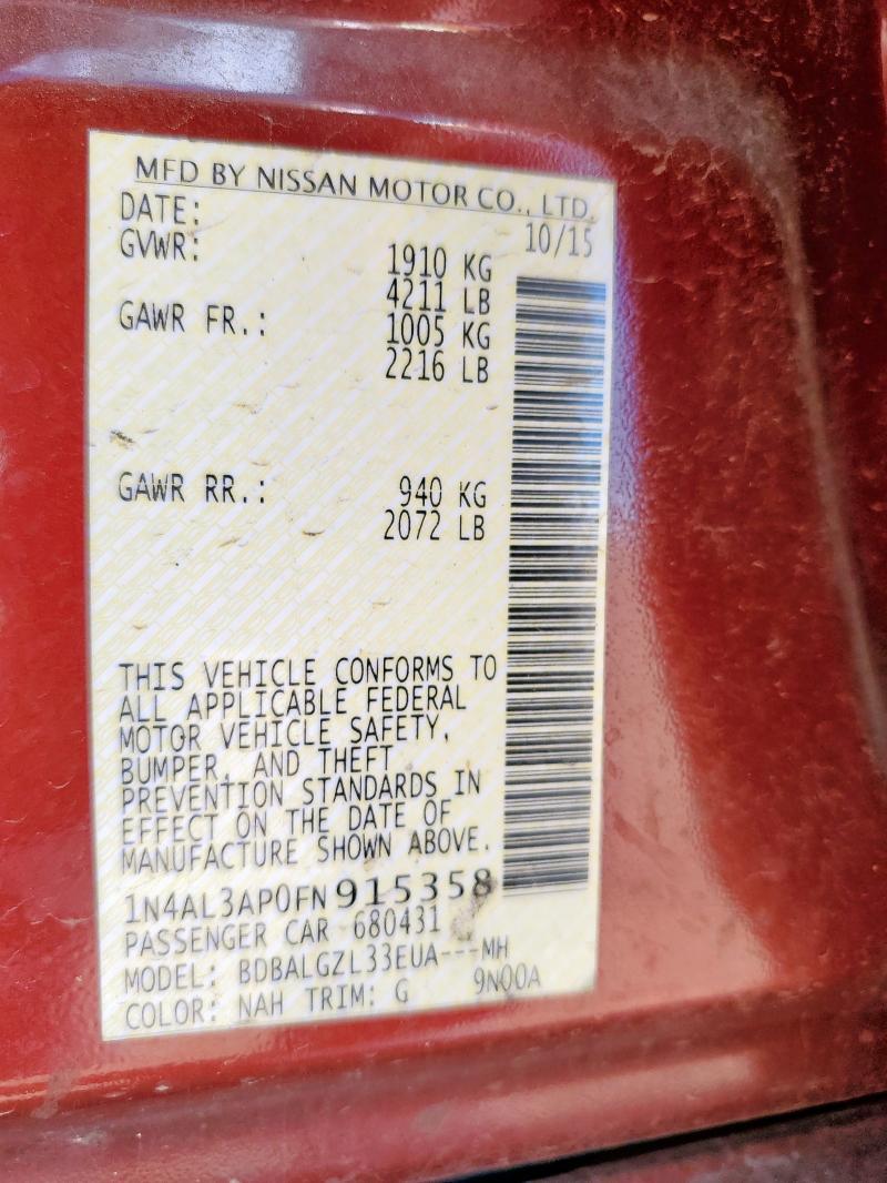 Продажа на аукционе авто 2015 Nissan Altima 2.5, vin: 1N4AL3AP0FN915358, номер лота: 65533375