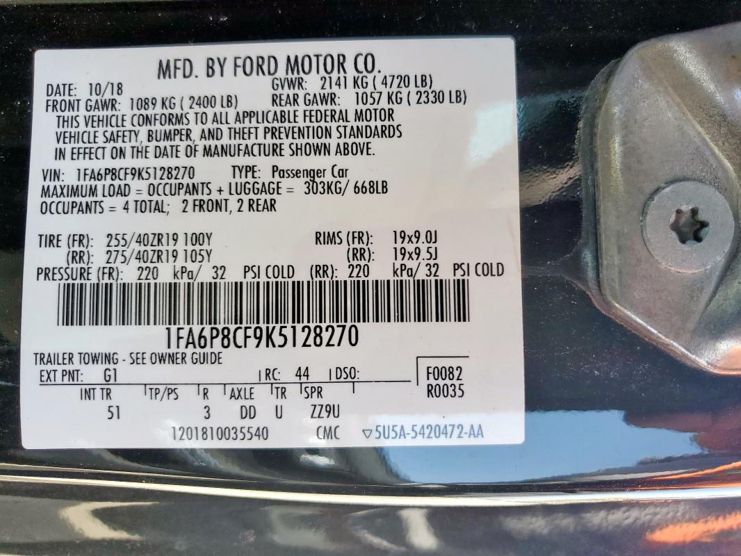 62564895 :رقم المزاد ، 1FA6P8CF9K5128270 vin ، 2019 Ford Mustang Gt مزاد بيع