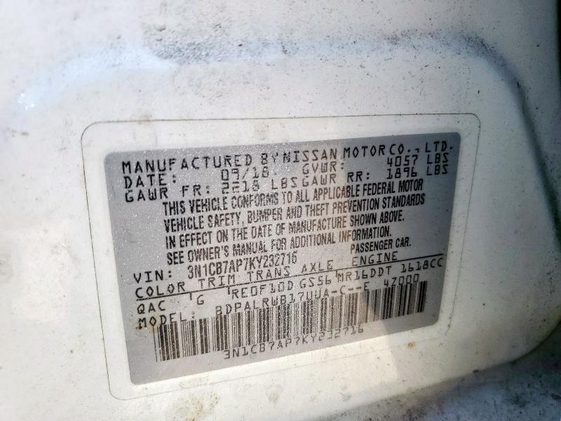 62062525 :رقم المزاد ، 3N1CB7AP7KY232716 vin ، 2019 Nissan Sentra Sr مزاد بيع