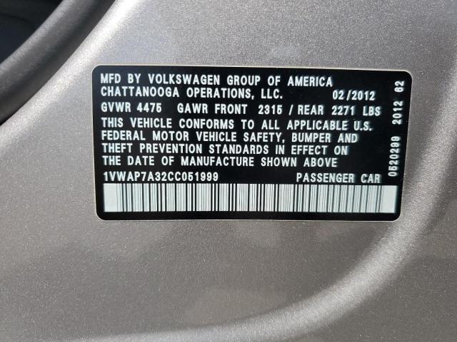 2012 Volkswagen Passat S მანქანა იყიდება აუქციონზე, vin: 1VWAP7A32CC051999, აუქციონის ნომერი: 66202815