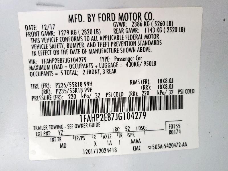 2018 Ford Taurus Sel მანქანა იყიდება აუქციონზე, vin: 1FAHP2E87JG104279, აუქციონის ნომერი: 63388635