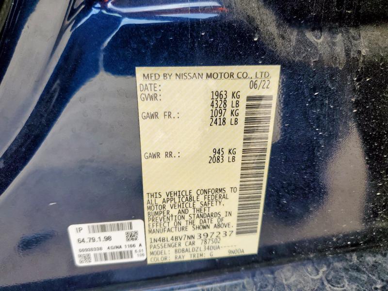 64943195 :رقم المزاد ، 1N4BL4BV7NN397237 vin ، 2022 Nissan Altima S مزاد بيع