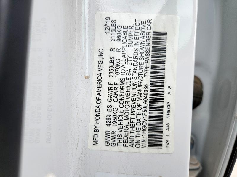 62408685 :رقم المزاد ، 1HGCV1F50LA040036 vin ، 2020 Honda Accord Exl مزاد بيع