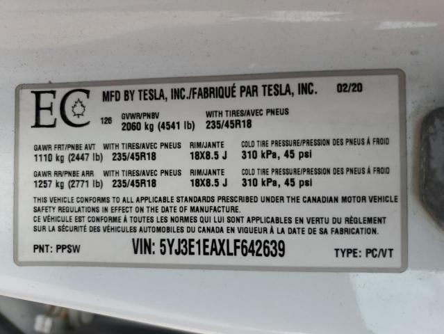 Продажа на аукционе авто 2020 Tesla Model 3, vin: 5YJ3E1EAXLF642639, номер лота: 62931645