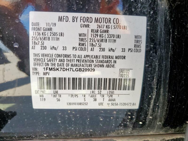 2020 Ford Explorer X მანქანა იყიდება აუქციონზე, vin: 1FMSK7DH7LGB20929, აუქციონის ნომერი: 63702095
