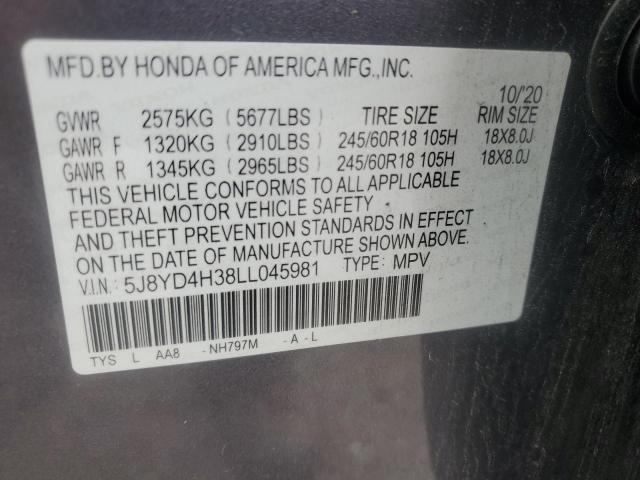 65192985 :رقم المزاد ، 5J8YD4H38LL045981 vin ، 2020 Acura Mdx مزاد بيع