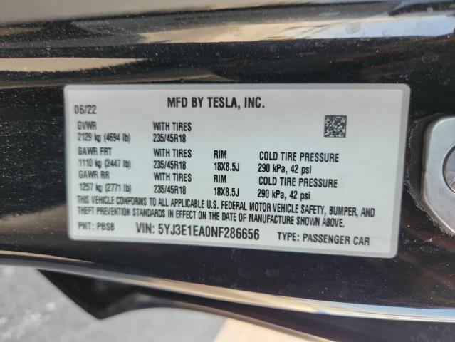 2022 Tesla Model 3 მანქანა იყიდება აუქციონზე, vin: 5YJ3E1EA0NF286656, აუქციონის ნომერი: 64900705