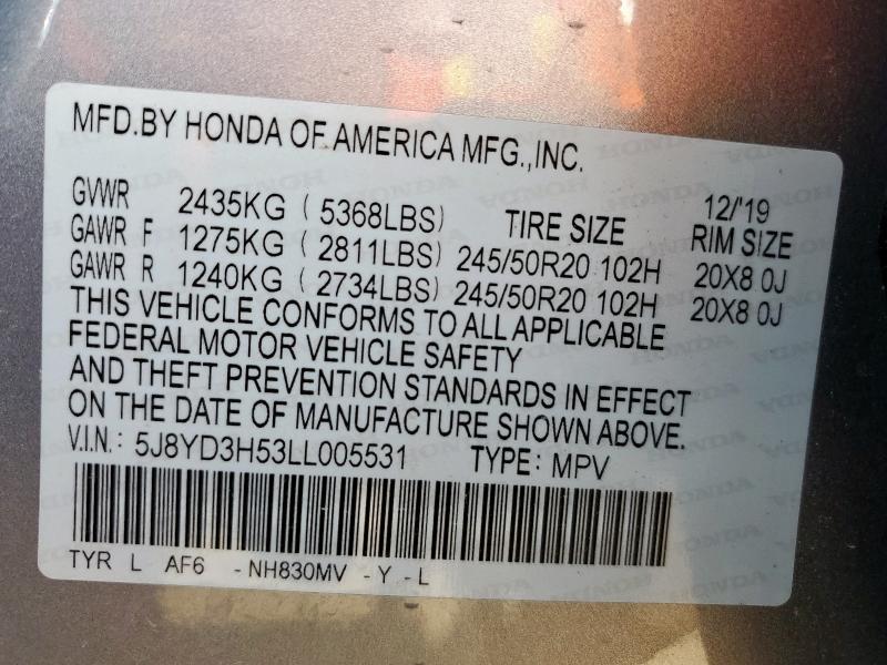 65921895 :رقم المزاد ، 5J8YD3H53LL005531 vin ، 2020 Acura Mdx Techno مزاد بيع