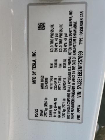 66508605 :رقم المزاد ، 5YJ3E1EB2NF257099 vin ، 2022 Tesla Model 3 مزاد بيع