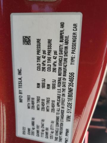 63930895 :رقم المزاد ، 5YJ3E1EB0NF354656 vin ، 2022 Tesla Model 3 مزاد بيع