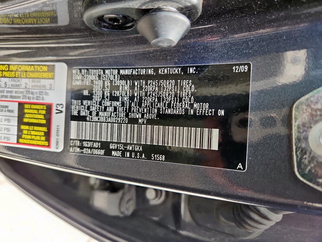 65902115 :رقم المزاد ، 4T3BK3BB3AU029220 vin ، 2010 Toyota Venza مزاد بيع