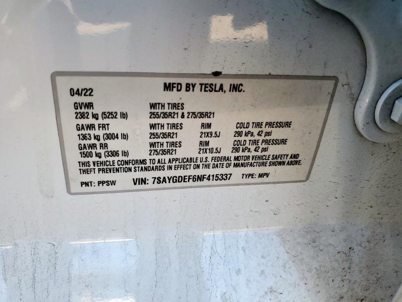 2022 Tesla Model Y მანქანა იყიდება აუქციონზე, vin: 7SAYGDEF6NF415337, აუქციონის ნომერი: 65391155