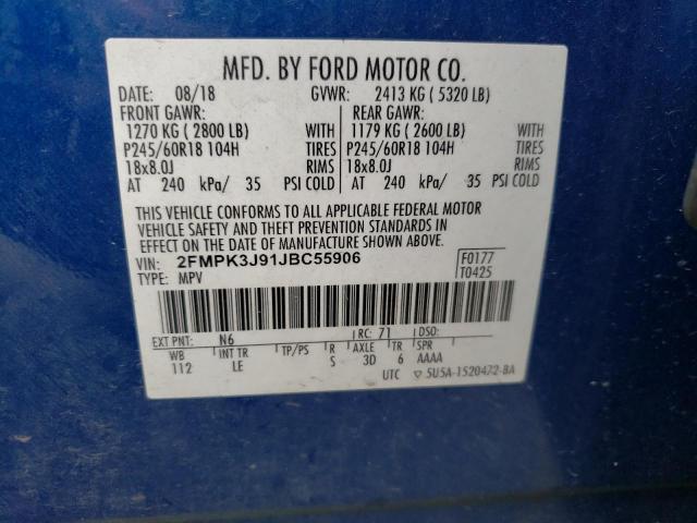 2018 Ford Edge მანქანა იყიდება აუქციონზე, vin: 2FMPK3J91JBC55906, აუქციონის ნომერი: 65263105