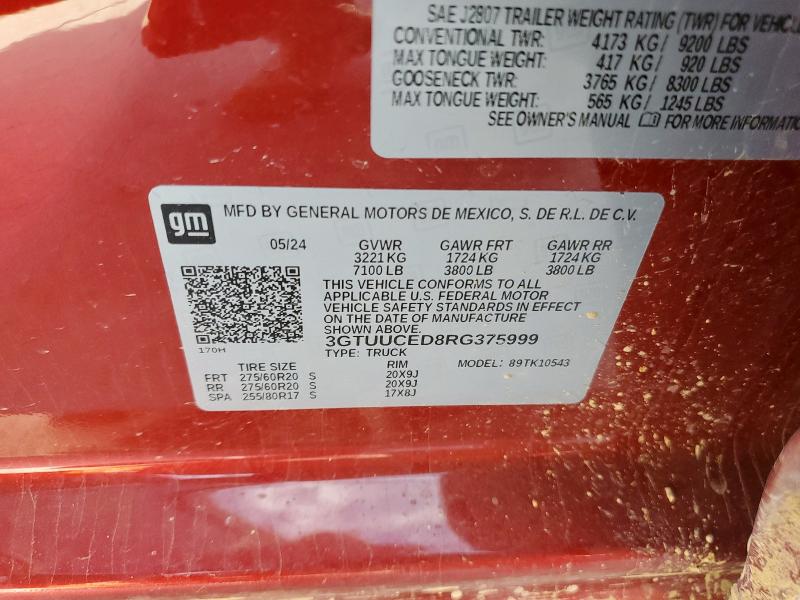 2024 Gmc Sierra მანქანა იყიდება აუქციონზე, vin: 3GTUUCED8RG375999, აუქციონის ნომერი: 66263265