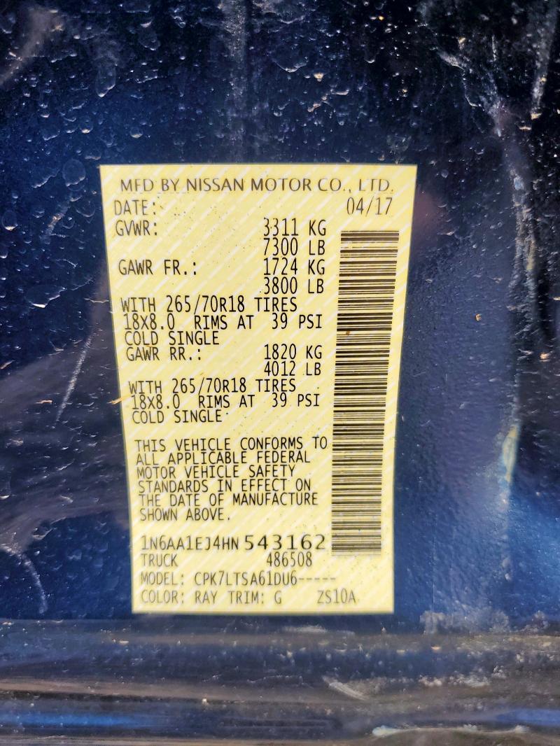 2017 Nissan Titan მანქანა იყიდება აუქციონზე, vin: 1N6AA1EJ4HN543162, აუქციონის ნომერი: 66880375