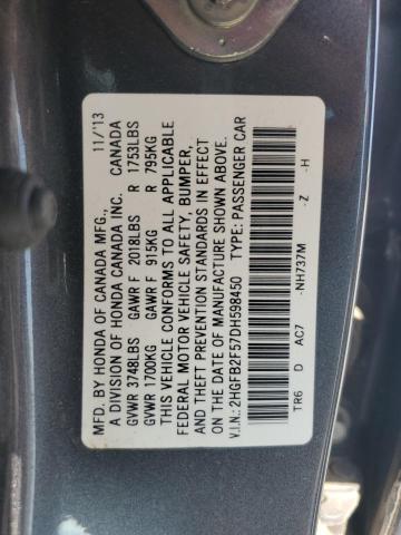 66197965 :رقم المزاد ، 2HGFB2F57DH598450 vin ، 2013 Honda Civic مزاد بيع