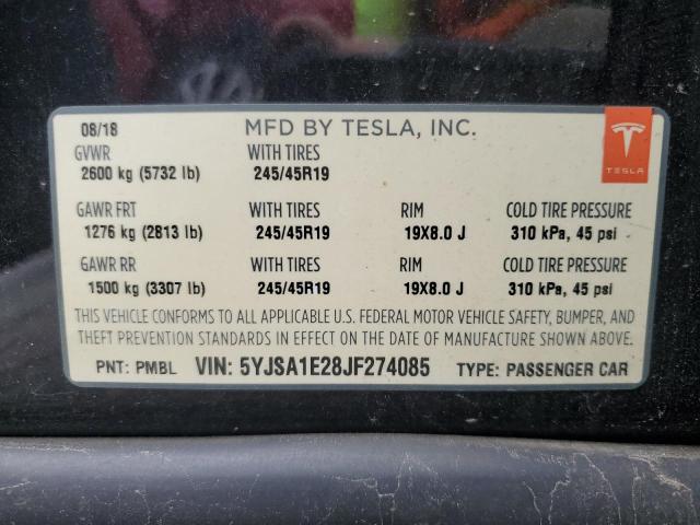 63612815 :رقم المزاد ، 5YJSA1E28JF274085 vin ، 2018 Tesla Model S مزاد بيع