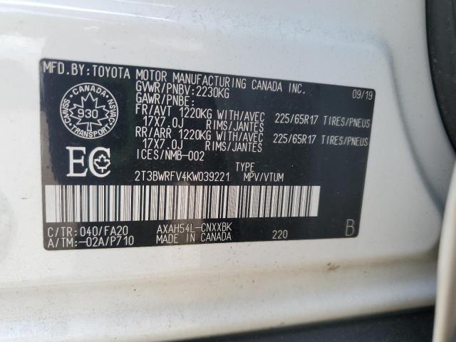 64175715 :رقم المزاد ، 2T3BWRFV4KW039221 vin ، 2019 Toyota Rav4 مزاد بيع