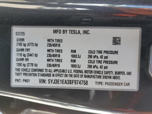Aukcja sprzedaży 2025 Tesla Model 3, vin: 5YJ3E1EA3SF974758, numer aukcji: 63873645