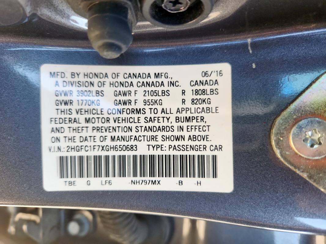 Aukcja sprzedaży 2016 Honda Civic Exl, vin: 2HGFC1F7XGH650683, numer aukcji: 67020095