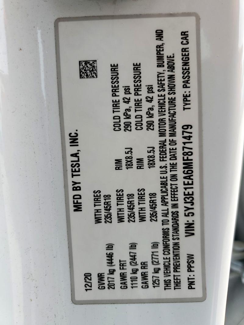 Aukcja sprzedaży 2021 Tesla Model 3, vin: 5YJ3E1EA6MF871479, numer aukcji: 65638045