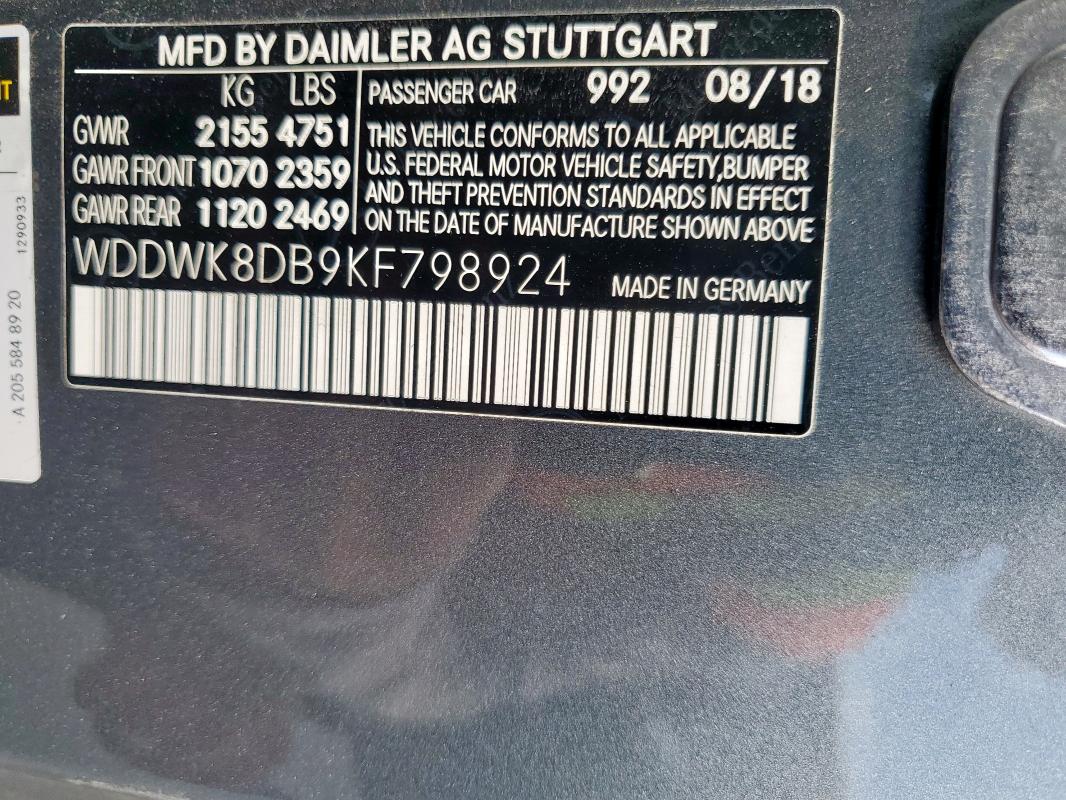 65648915 :رقم المزاد ، WDDWK8DB9KF798924 vin ، 2019 Mercedes-benz C 300 مزاد بيع