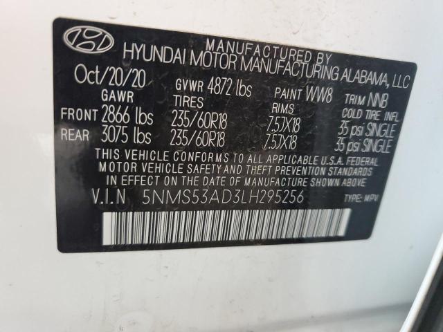 2020 Hyundai Santa Fe მანქანა იყიდება აუქციონზე, vin: 5NMS53AD3LH295256, აუქციონის ნომერი: 65008075