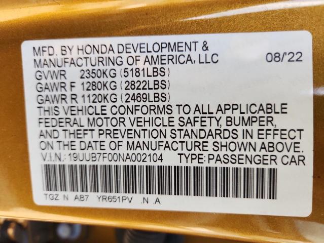 2022 Acura Tlx Type S მანქანა იყიდება აუქციონზე, vin: 19UUB7F00NA002104, აუქციონის ნომერი: 66366365