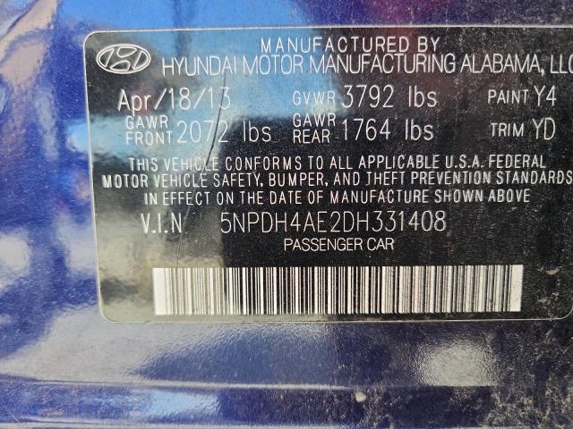 62458785 :رقم المزاد ، 5NPDH4AE2DH331408 vin ، 2013 Hyundai Elantra مزاد بيع