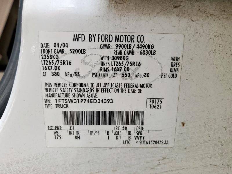 Продаж на аукціоні авто 2004 Ford F350 Srw S, vin: 1FTSW31P74ED34393, номер лоту: 65551885