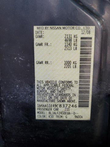 64997485 :رقم المزاد ، 1N4AA51E49C837246 vin ، 2009 Nissan Maxima مزاد بيع