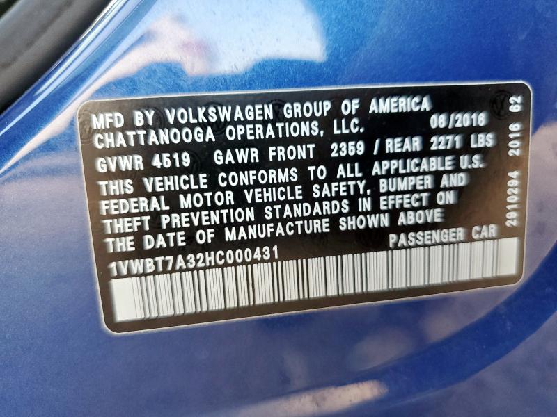 65785435 :رقم المزاد ، 1VWBT7A32HC000431 vin ، 2017 Volkswagen Passat مزاد بيع