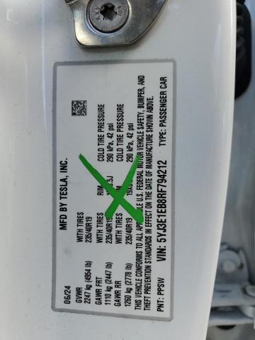 Продаж на аукціоні авто 2024 Tesla Model 3, vin: 5YJ3E1EB8RF794212, номер лоту: 62346875