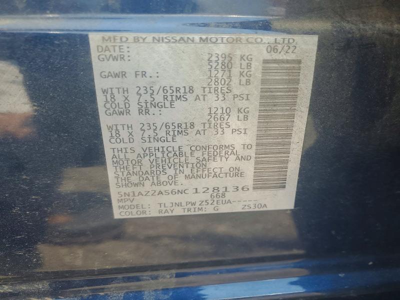 Aukcja sprzedaży 2022 Nissan Murano, vin: 5N1AZ2AS6NC128136, numer aukcji: 59318536