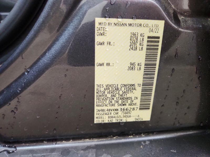 Продаж на аукціоні авто 2022 Nissan Altima, vin: 1N4BL4BVXNN366287, номер лоту: 62324996