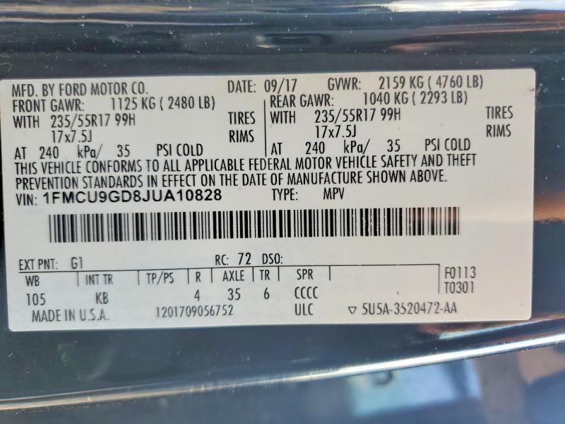 Продаж на аукціоні авто 2018 Ford Escape, vin: 1FMCU9GD8JUA10828, номер лоту: 62081776