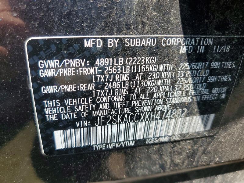 62272116 :رقم المزاد ، JF2SKACCXKH474882 vin ، 2019 Subaru Forester مزاد بيع
