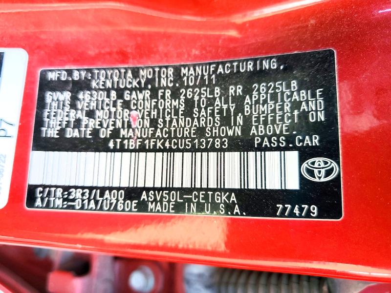 2012 Toyota Camry მანქანა იყიდება აუქციონზე, vin: 4T1BF1FK4CU513783, აუქციონის ნომერი: 60752586