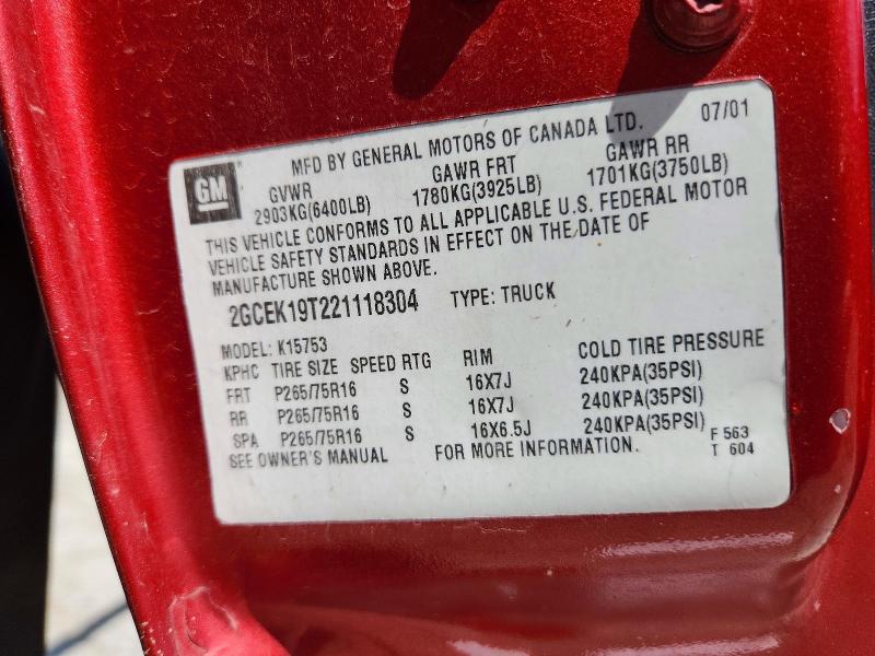 59367616 :رقم المزاد ، 2GCEK19T221118304 vin ، 2002 Chevrolet Silverado مزاد بيع