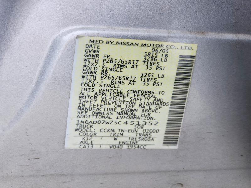 62097266 :رقم المزاد ، 1N6AD07W75C451352 vin ، 2005 Nissan Frontier مزاد بيع