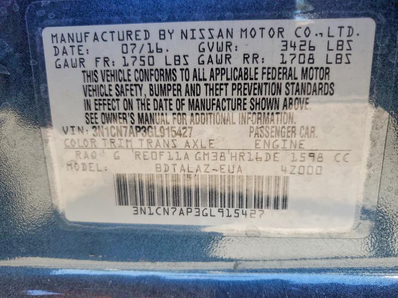 Auction sale of the 2016 Nissan Versa, vin: 3N1CN7AP3GL915427, lot number: 62352836