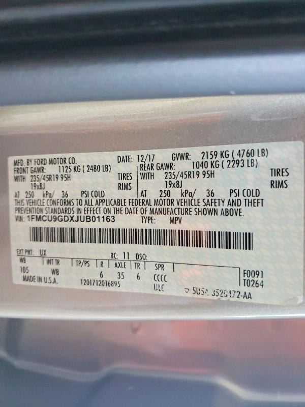 59972466 :رقم المزاد ، 1FMCU9GDXJUB01163 vin ، 2018 Ford Escape مزاد بيع