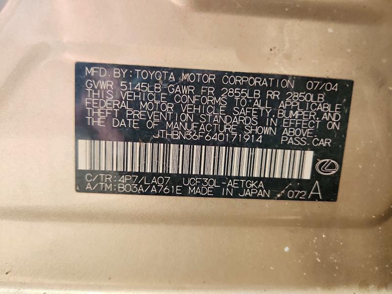 2004 Lexus Ls მანქანა იყიდება აუქციონზე, vin: JTHBN36F640171914, აუქციონის ნომერი: 61042366