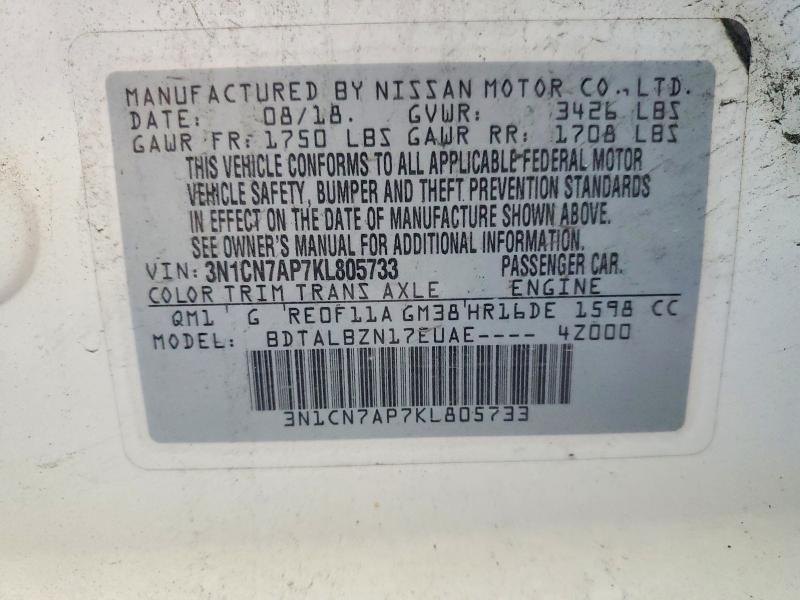 Продажа на аукционе авто 2019 Nissan Versa, vin: 3N1CN7AP7KL805733, номер лота: 62089896