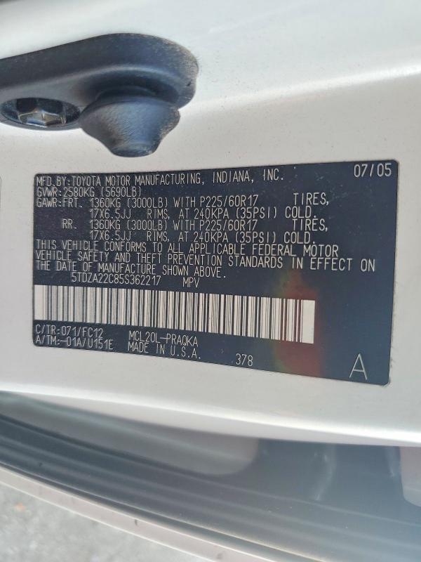 Aukcja sprzedaży 2005 Toyota Sienna Van, vin: 5TDZA22C85S362217, numer aukcji: 60447326