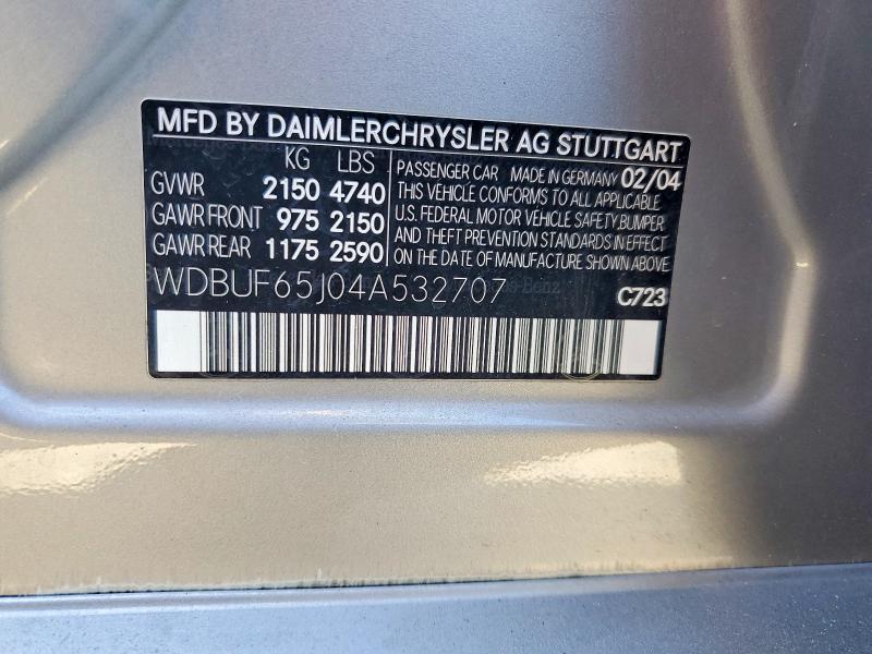 Aukcja sprzedaży 2004 Mercedes-benz E, vin: WDBUF65J04A532707, numer aukcji: 62843506