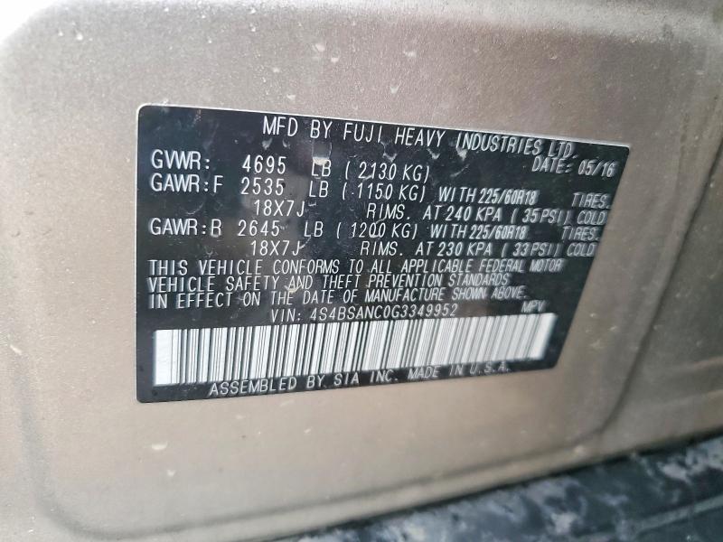 62892236 :رقم المزاد ، 4S4BSANC0G3349952 vin ، 2016 Subaru Outback مزاد بيع